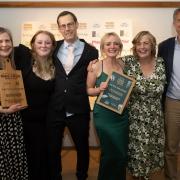 Left to right, Liz Oliver, Gabby Pearce, Paul Yaxley, Rosie Mack and Karen Platt of The Fox and Goose, winner of the Front of House Experience award, with Paddy Bishopp (ambassador judge)