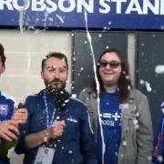 We are Premier League! Ross Halls and Ipswich Town fans (L-R) Ben D'eath, Matty Worrall and Chris Peachey celebrate promotion