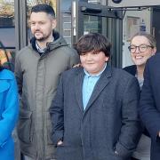 Claire Coutinho at the Sir Bobby Robson school with headteacher Adam Dabin, pupil Alfie, assistant headteacher Harriet Hunt and Ipswich MP Tom Hunt.