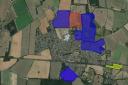 A map of Thurston where areas in blue have already had housing plans approved, the area in red where Gladman's 210-homes plan was discussed and an area in yellow is where plans for 58 homes have been submitted. Picture: GOOGLE MAPS