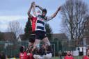Chelmsford, in hoops, contest a line-out against Rochford. Picture: CONTRIBUTED