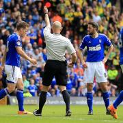 Christophe Berra red card tilted the 2015 Championship play-off semi-final, second leg in Norwich City's favour: Picture: Stephen Pond/PA Wire.