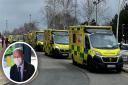 Long queues of ambulances have been seen outside the A&E department at Ipswich hospital. Inset: ESNEFT chief executive Nick Hulme, who said there were still 