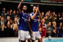 Janoi Donacien (left) and Macauley Bonne celebrate the 6-0 victory over Doncaster