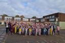 A whole school photo from Cliff Lane Primary School, who had a pyjama day for Children in Need