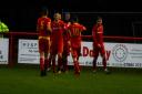 Needham Market celebrate going 1-0 up against Leiston in the FA Trophy at Bloomfields. Picture: HANNAH PARNELL
