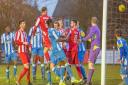 Josh Kerridge (number 6) rises above the Hullbridge defence to head a corner high into the opposition goal. Picture: THOMAS BRADFORD