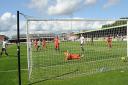 Luke Ingram scores what proved to be the only goal of the game in Needham Market's 1-0 win at Hednesford Town. Picture: BEN POOLEY