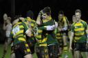 Bury St Edmunds players celebrate their last-gasp win on Saturday Photo: SHAWN PEARCE PHOTOGRAPHY