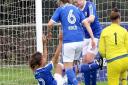 Ipswich Town players Cassie Craddock and Miagh Downey celebrate Roxy Small's goal. Picture: ROSS HALLS