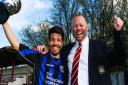 Needham Market boss Mark Morsley, right, celebrates winning the Ryman North Division One title last season with skipper Kem Izzet. Morsley has just been named the Ryman Premier Division Manager of the Month for November.