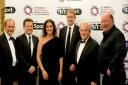 Sir Bobby's Breakthrough Online Auction Launch at the PFA Awards dinner in London Mick Mills, Chris Hollins, Gina Long, Mark Robson, PFA CEO Gordon Taylor and Alan Brazil