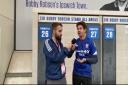 Ross Halls, left, speaks to Ipswich Town fan Ben De\'ath after yesterday\'s 1-0 defeat to Lincoln City