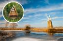 Explore the Norfolk Broads and its variety of accommodation options. Inset: a glamping hut at Whitlingham Broad Campsite