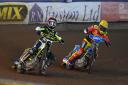 Ipswich Witches captain Danny King, left, picks up drive on the outside of Leicester's Chris Harris in heat three. The Witches won 48-42.