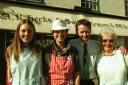 Becky Hobbs, Sally Cracknell, John Heeks and Val Hurrell outside the shop in 2005