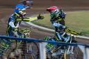Ipswich Witches duo Danyon Hume and Jason Doyle celebrate during a home victory against Peterborough.