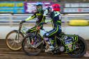 Jason Doyle, left, and Emil Sayfutdinov celebrate their heat 15 victory which clinched the meeting for the Ipswich Witches