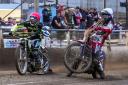 Danny King, left, in action in heat nine during the Ipswich Witches' home defeat to Belle Vue Aces