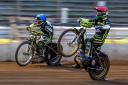 Ipswich Witches duo Danny King, left, and Jason Doyle celebrate on their way to a victory in heat 15