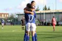 Natasha Thomas celebrates with Sophie Peskett at Cardiff as Ipswich Town won 2-0