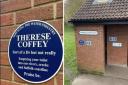 The blue plaque in 'honour' of Therese Coffey that has been placed on public toilets in Woodbridge