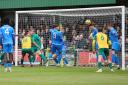 Goalkeeper Charlie Horlock's header is cleared off the line. Picture: PETER SHORT