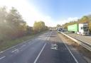 The A14 has been closed after a car overturned following a crash