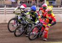 Erik Riss (blue helmet) and Emil Sayfutdinov (red) in action for Ipswich Witches.Fricke (white).