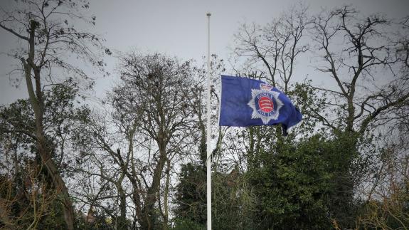 East Anglian Daily Times: The flag at Essex Police HQ was flown at half mast after the death of PC Andrew ‘Drew’ Kirk on December 17. East Anglian Daily Times: The flag at Essex Police HQ was flown at half mast after the death of PC Andrew ‘Drew’ Kirk on December 17.