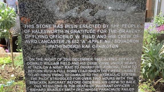 East Anglian Daily Times: The memorial in Halesworth town centre is dedicated to the Lancaster crew and their effforts to save the town. It was created by founding member and secretary of Halesworth Airfield Memorial Museum, Richard Pymar. Picture: AMAZING WAR STORIES East Anglian Daily Times: The memorial in Halesworth town centre is dedicated to the Lancaster crew and their effforts to save the town. It was created by founding member and secretary of Halesworth Airfield Memorial Museum, Richard Pymar. Picture: AMAZING WAR STORIES