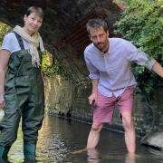 Caroline Lucas visits River Waveney, with Toby Hammond.