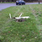 A damaged signpost and tyre tracks across the Jaydene roundabout at Kessingland. Picture: DENISE BRADLEY