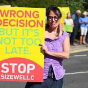 Protesters from the Stop Sizewell C and Together Against Sizewell C campaign groups demonstrated today as Boris Johnson announced £700m of Government funding for a new reactor at the plant in Suffolk.