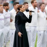 Laura Wright sings the national anthems on day three of the third LV= Insurance Test match at the Kia Oval, London