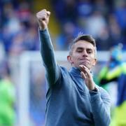 Ipswich Town manager Kieran McKenna punches the air in celebration after his side had secured a 1-0 victory over Plymouth.