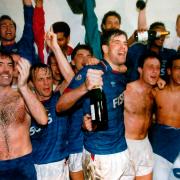 Ipswich Town celebrating promotion from Division 2 in 1992 after a draw at Oxford fired them into the new Premiership.