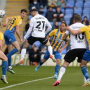 Conor Chaplin is denied by the keeper from point blank range early on at Shrewsbury.