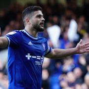 Sam Morsy celebrates after scoring to give Town a 1-0 first-half lead.