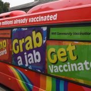 A COVID-19 vaccination bus on Barrack Corner in Ipswich. Picture: Danielle Booden