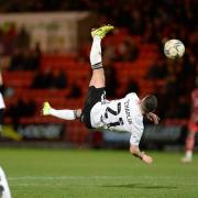 Conor Chaplin with an acrobatic effort on goal during the second half at Doncaster