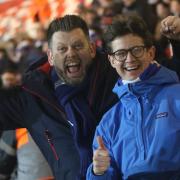 Ipswich Town fans Jon Watson, left, and Ben De'ath enjoy the 1-0 win at Doncaster Rovers last night