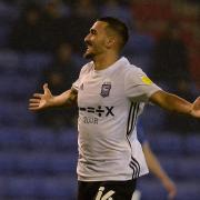 Idris El Mizouni celebrates scoring to put Ipswich in front in the 81st minute at Boundary Park.
