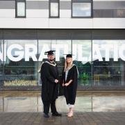 Eldon Morrow and Elizabeth Earls at the University of Suffolk graduation on Ipswich Waterfront