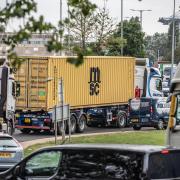 Gridlocked traffic in Felixstowe after an oil spill on the westbound A14