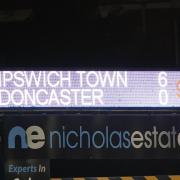 The Portman Road scoreboard after Towns 6-0 victory over Doncaster Rovers.