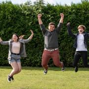 James Dolan, Lucie Robbins, Oliver Betts and Laura Thomson from Copleston High School in Ipswich celebrate their A-level successes.