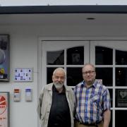 Film-maker Mike Leigh with Neil McGlone outside the Riverside Cinema in Woodbridge. The Riverside will be reopening its doors after lockdown on May 17 before being forced  to close again for the summer.