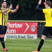 Stowmarket Town goalscorer Jack Ainsley, left, celebrates his goal with team-mate Josh Mayhew during an FA Vase victory over Eynesbury Rovers last month