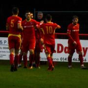 Needham Market celebrate going 1-0 up against Leiston in the FA Trophy at Bloomfields. Picture: HANNAH PARNELL